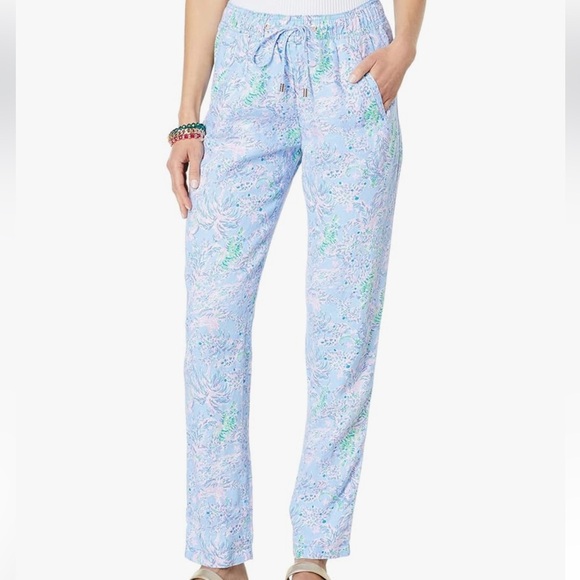 Lilly Pulitzer Taron Linen Pants Peri Blue The Turtle Package EUC Women’s Small - Picture 1 of 14